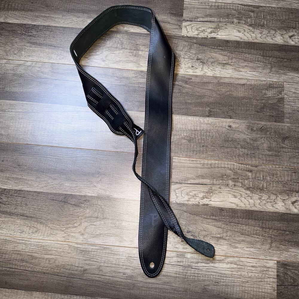 Perri’s Leathers Wide Black Leather Guitar Strap Made In Canada White Stitching